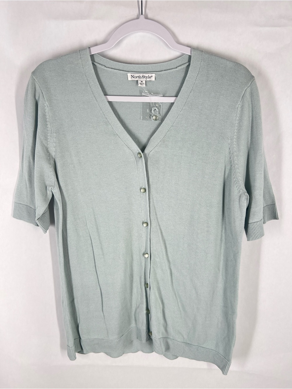 NorthStyle Seafoam Blue Short Sleeve Button Front Cardigan Sweater M NWOT